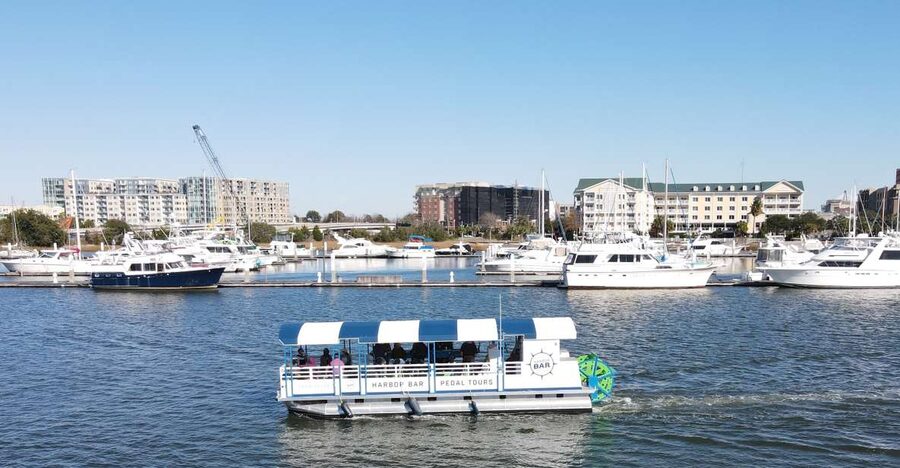Charleston: Harbor Bar Pedal Boat Party Cruise - The Boat Setup: Pedal Stations, Bluetooth Stereo, and Your BYO Bar